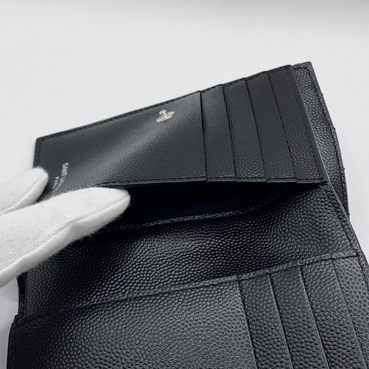 新品   サンローランパリ レザー 二つ折り財布 キルティング マトラッセ カサンドラ キャビアスキン 黒