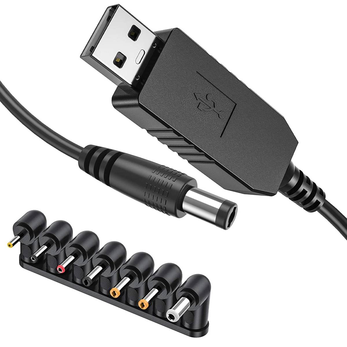 USB DC 5V 12V 昇圧 電源供給ケーブル 1m 2.1mm X 5.5mm DCジャック付き 電圧変換ケーブル L型DC_画像1