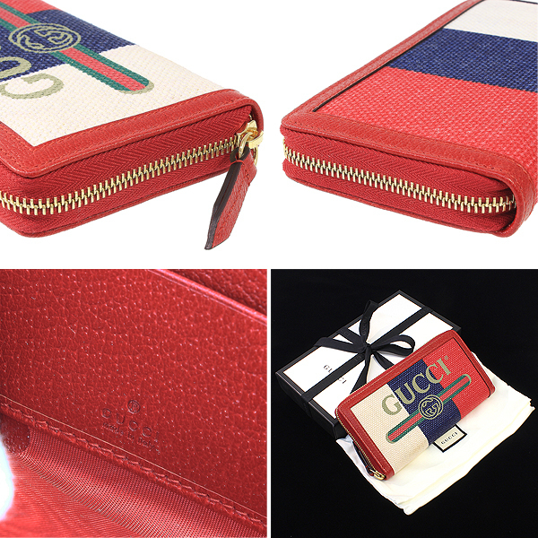 グッチ)GUCCI トリコロール ロゴ レザー×キャンバス ラウンド 長財布