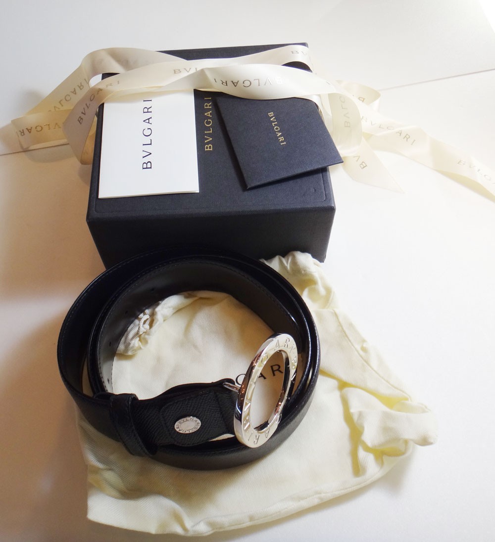 BVLGARI ブルガリ ロゴマニア メンズ ベルト レザー シルバー金具 黒