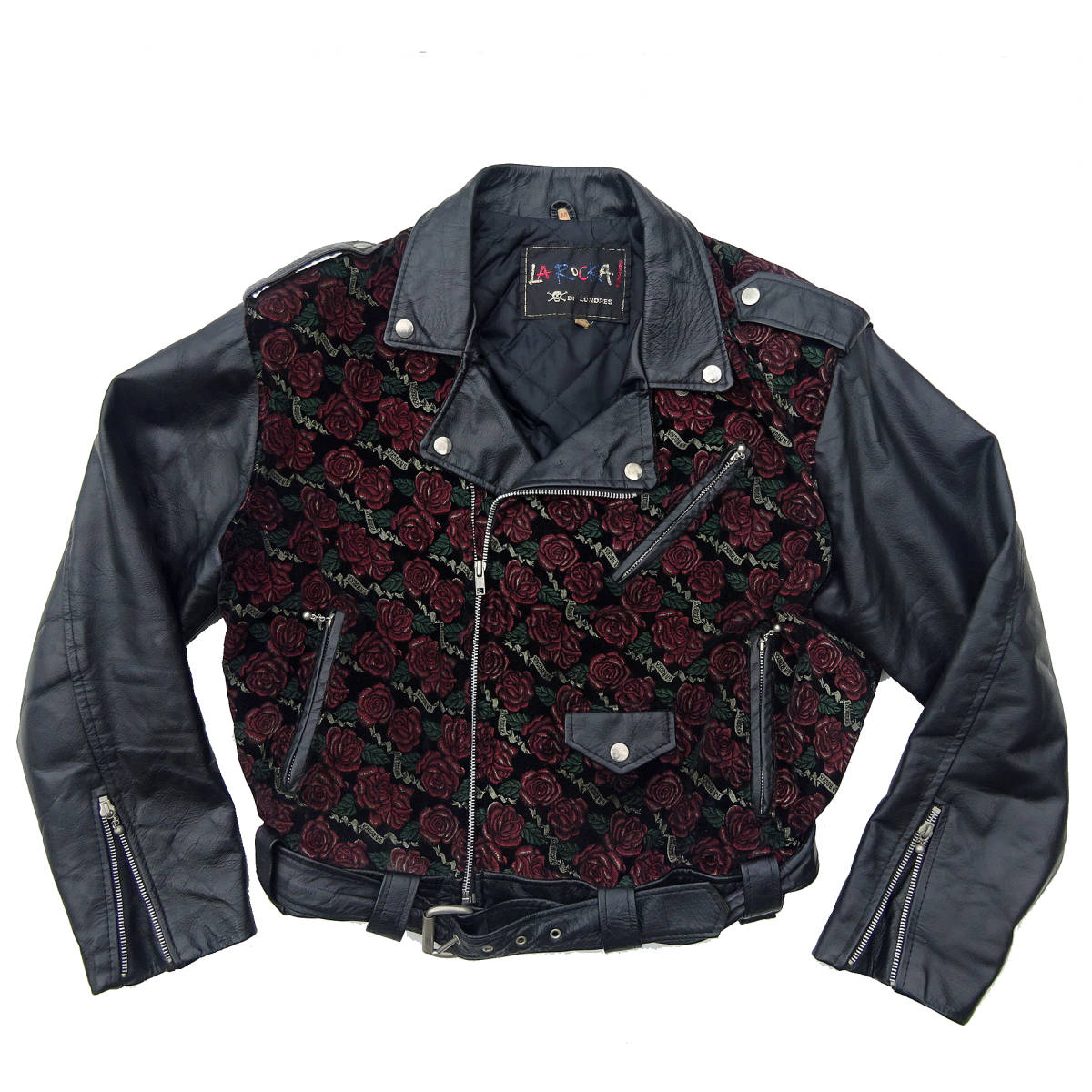 当時物　オリジナル　JOHNSONS　LA ROCKA! VINTAGE RIDERS JACKET ROSE ラロッカ 薔薇 レザーダブルジャケット ライダースM_画像2