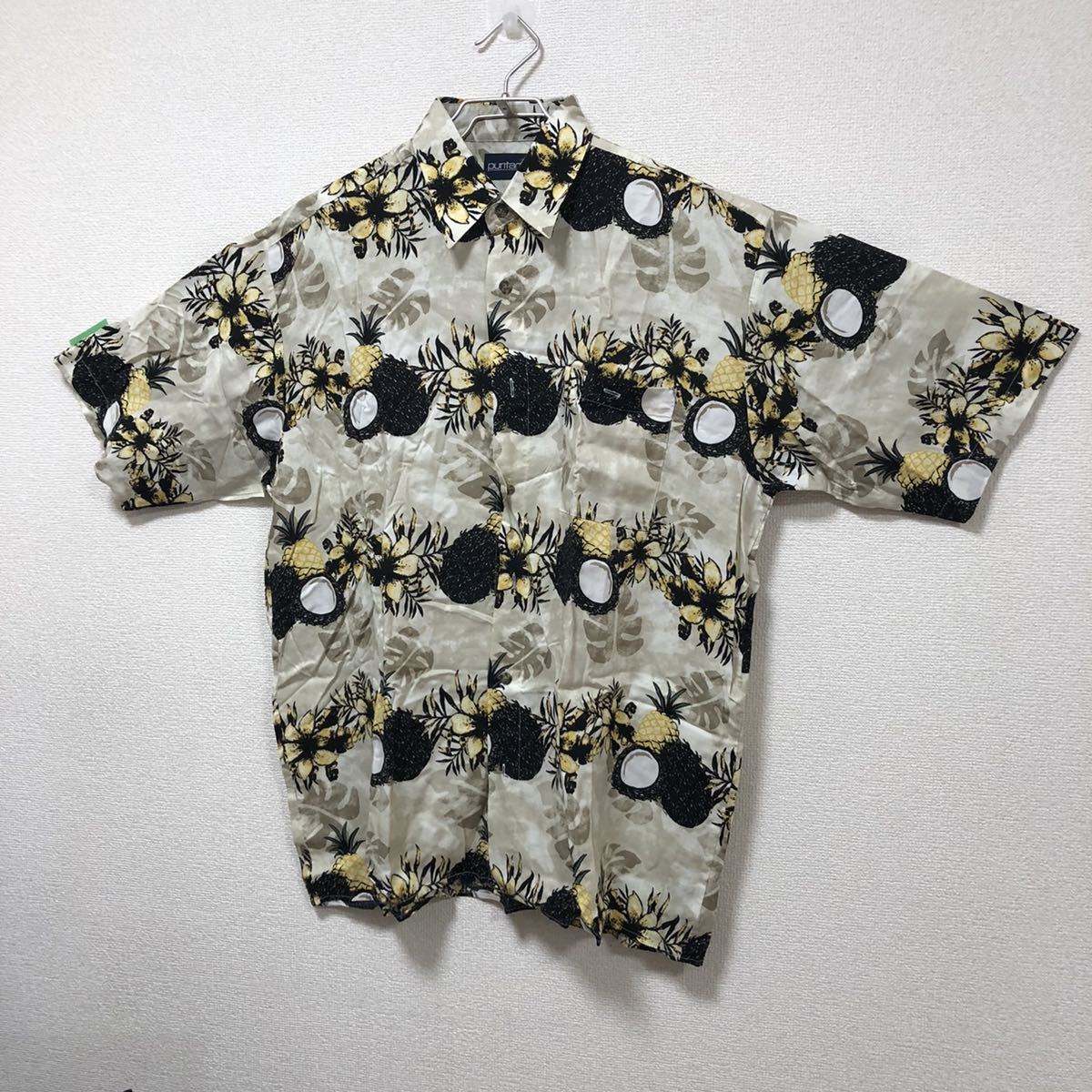 アロハシャツ L パイナップル ココナッツ 花 総柄 RAYON 100％ 81