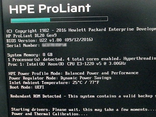 ■○ HP ProLiant DL20 Gen9 Xeon E3-1220 V5 3..00GHz/メモリ 8GB/HDD 無し/DVDマルチ OS無し/Setup起動確認_画像3