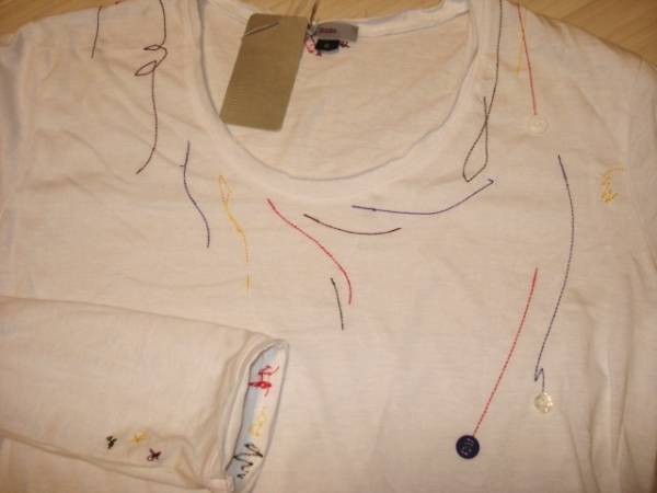 新品タグ付き 未使用 Blade カラフル糸 刺繍 ライン入 ボタン繋ぎ ホワイト 白 メンズ 長袖 カットソー Tシャツ ロンT ２ Mサイズ_画像2