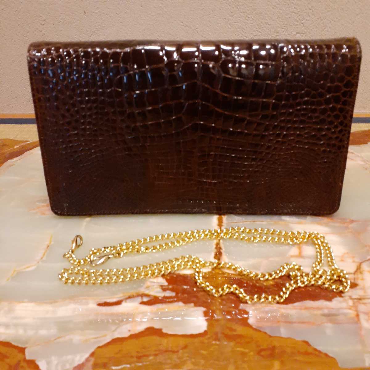  crocodile Polo suspension clutch bag chain attaching ( total length approximately 99cm) burnt tea width approximately 24cm length some 13.5cm.. approximately 5cm