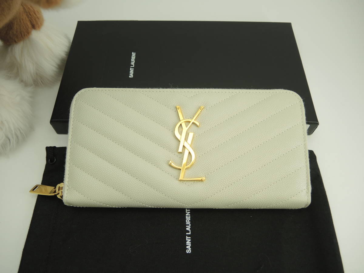 サンローラン ロングウォレット YSL レザー白 ラウンドジップ長財布 未