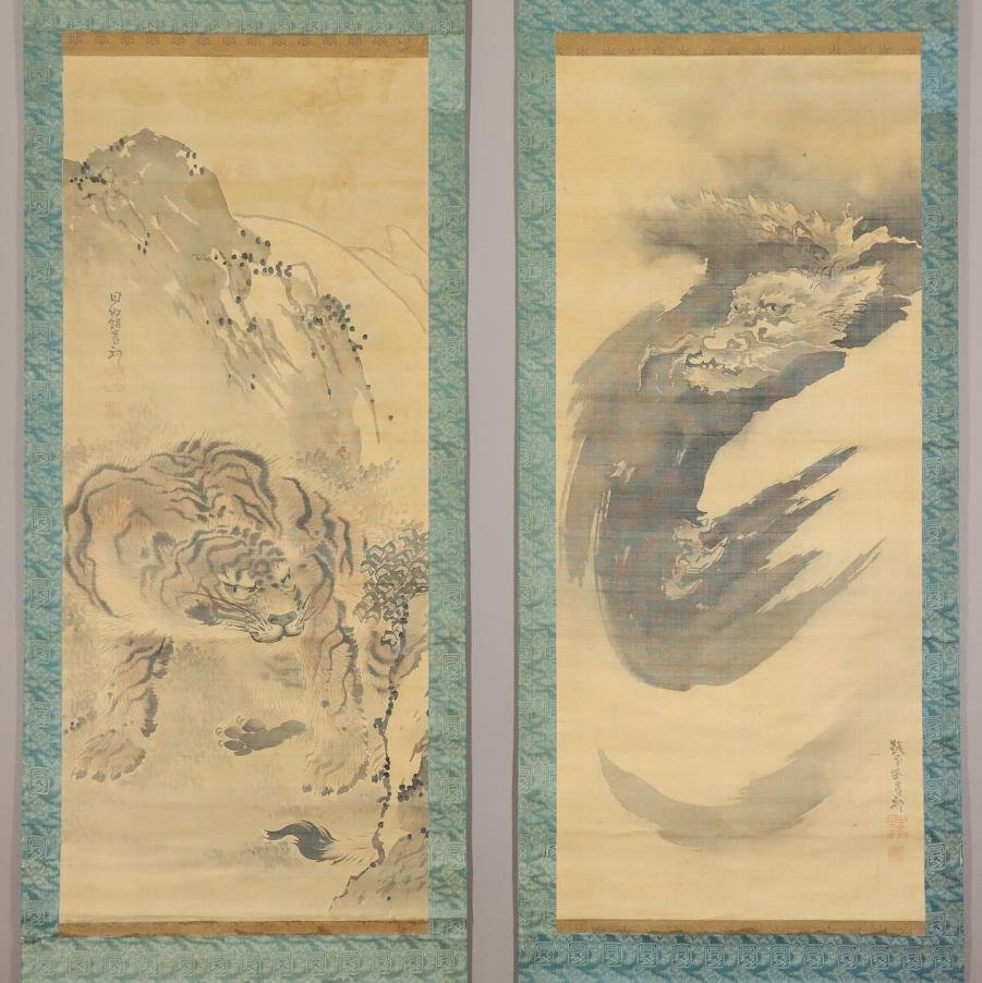 真作】◇佐伯岸駒◇龍虎◇双幅◇肉筆◇絹本◇掛軸 真作】◇佐伯岸駒◇龍虎◇双幅◇肉筆◇絹本◇掛軸