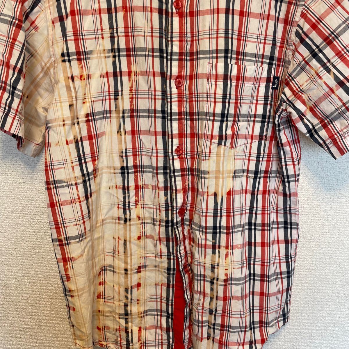 STUSSY チェックシャツ ダメージ加工 インド製 綿ヴィンテージ ロゴタグ 半袖シャツ チェックシャツ