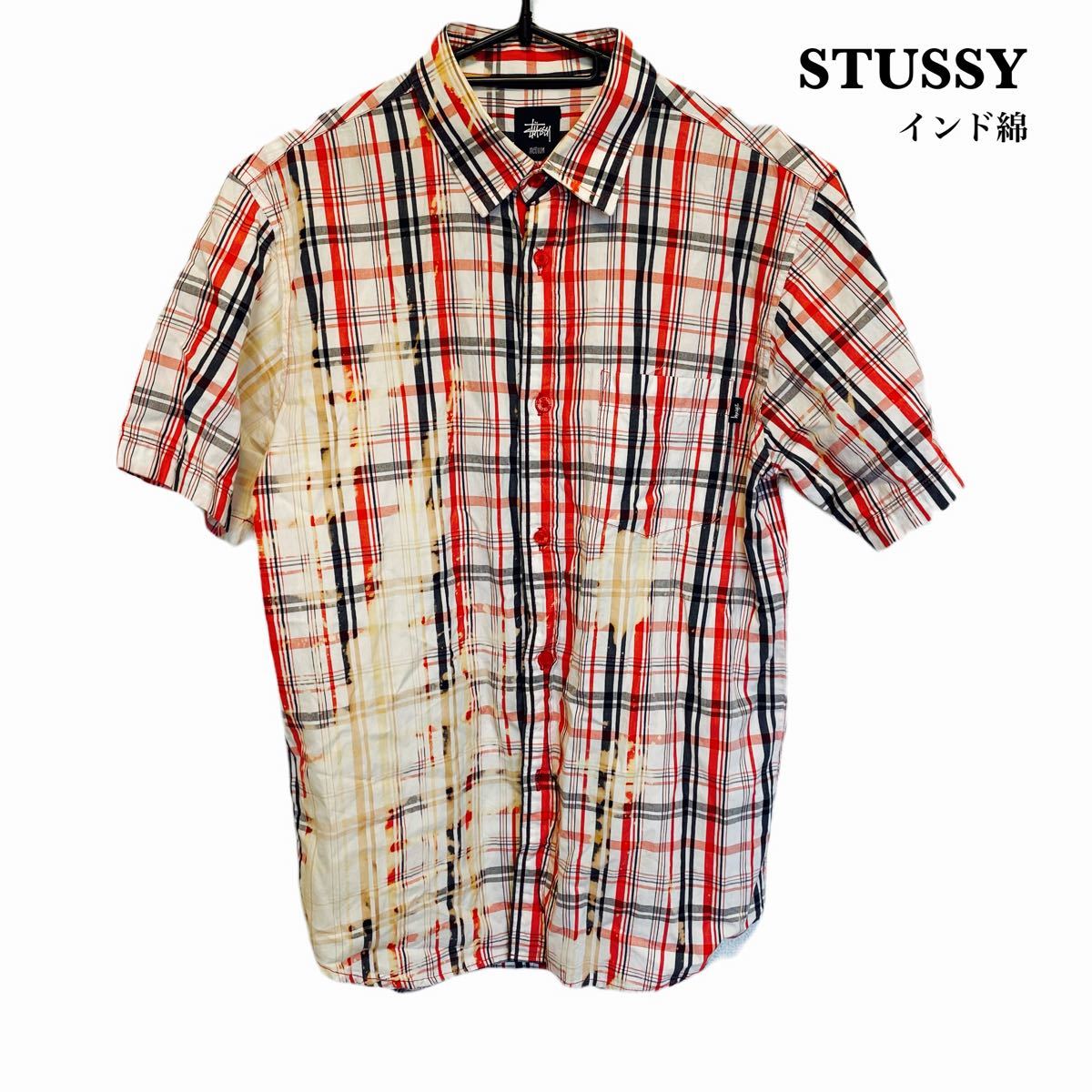 STUSSY チェックシャツ ダメージ加工 インド製 綿ヴィンテージ ロゴタグ 半袖シャツ チェックシャツ