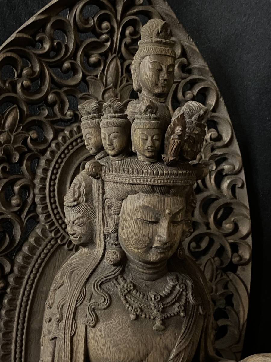 井波彫刻 大型高62cm 仏教工芸品 香樟材 時代彫刻 古美術 木彫仏教 精密彫刻 仏師で仕上げ品 十一面観音菩薩立像