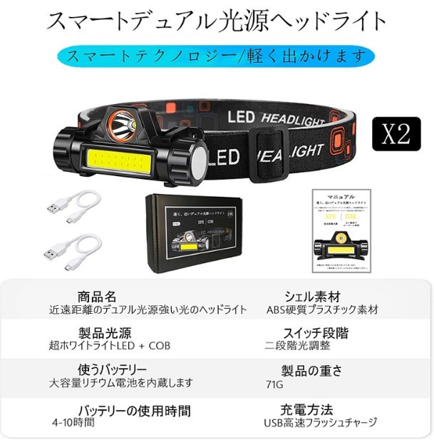 ヘッドライト 充電式 LEDヘッドライト USB 小型軽量 高輝度 2個セット
