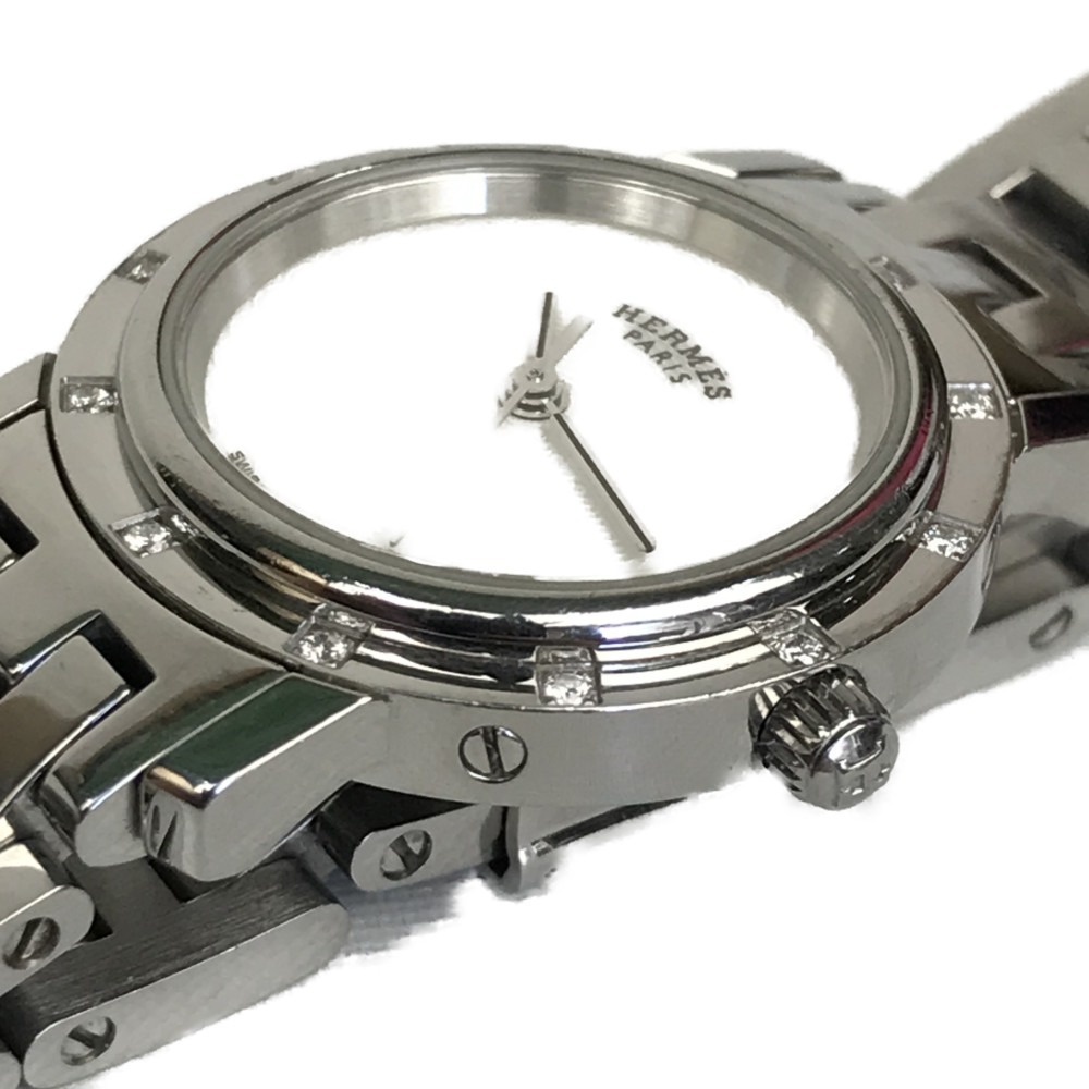  HERMES エルメス クリッパー ナクレ 12P ダイヤベゼル シェル文字盤 SS クォーツ レディース腕時計 CL4.230  やや傷や汚れあり