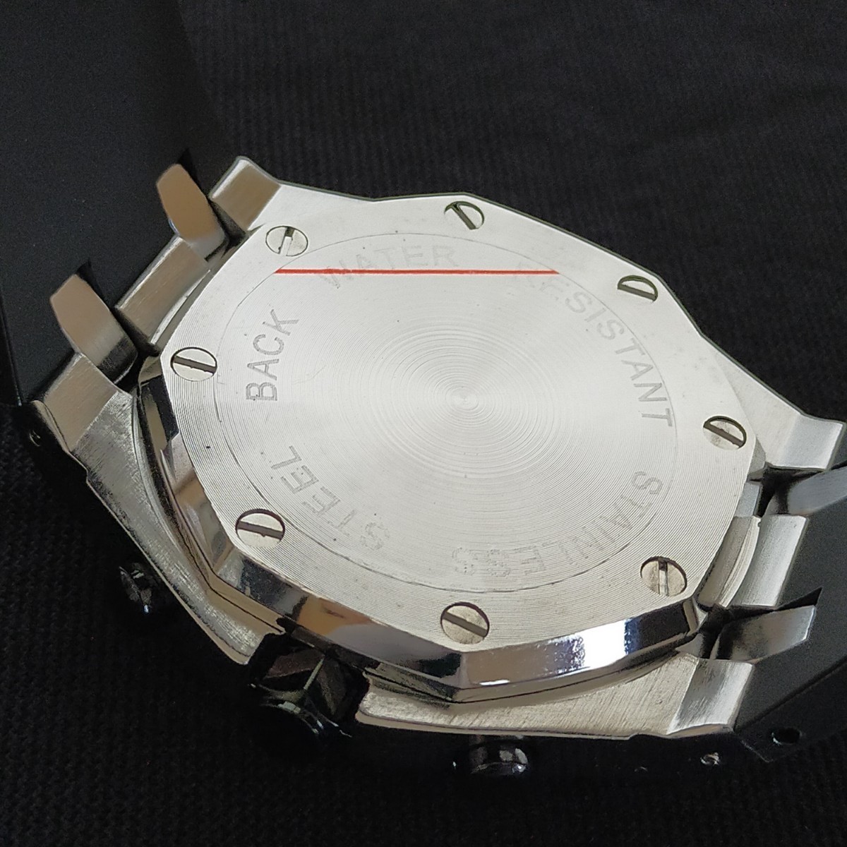【ハイエンドクロノ!!新品】'オークロイヤル' オマージュ クロノグラフ 24時間計 日付 K②シルバー/ホワイト文字盤/黒ラバー