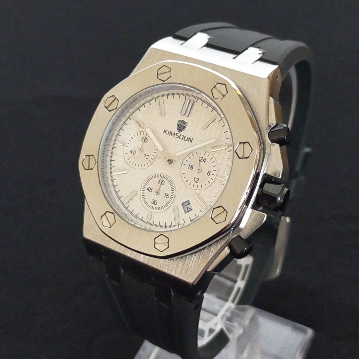 【ハイエンドクロノ!!新品】'オークロイヤル' オマージュ クロノグラフ 24時間計 日付 K②シルバー/ホワイト文字盤/黒ラバー