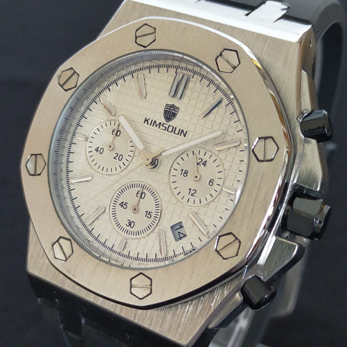 【ハイエンドクロノ!!新品】'オークロイヤル' オマージュ クロノグラフ 24時間計 日付 K②シルバー/ホワイト文字盤/黒ラバー