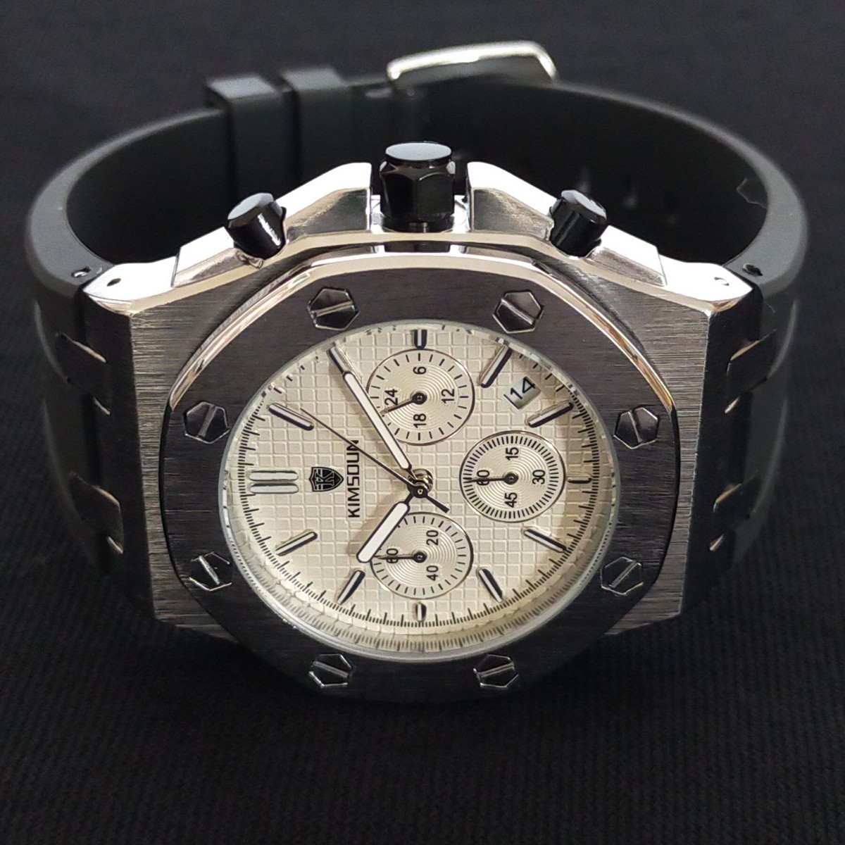 【ハイエンドクロノ!!新品】'オークロイヤル' オマージュ クロノグラフ 24時間計 日付 K②シルバー/ホワイト文字盤/黒ラバー