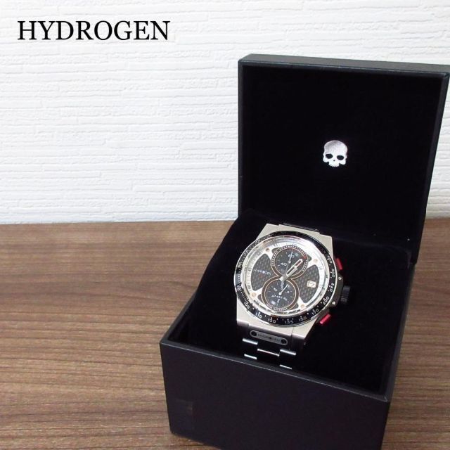 極美品 HYDROGEN ハイドロゲン HW514403 オットー クロノ クオーツ 黒文字盤 10M防水 アナログ 腕時計 ウォッチ シルバー色 A405