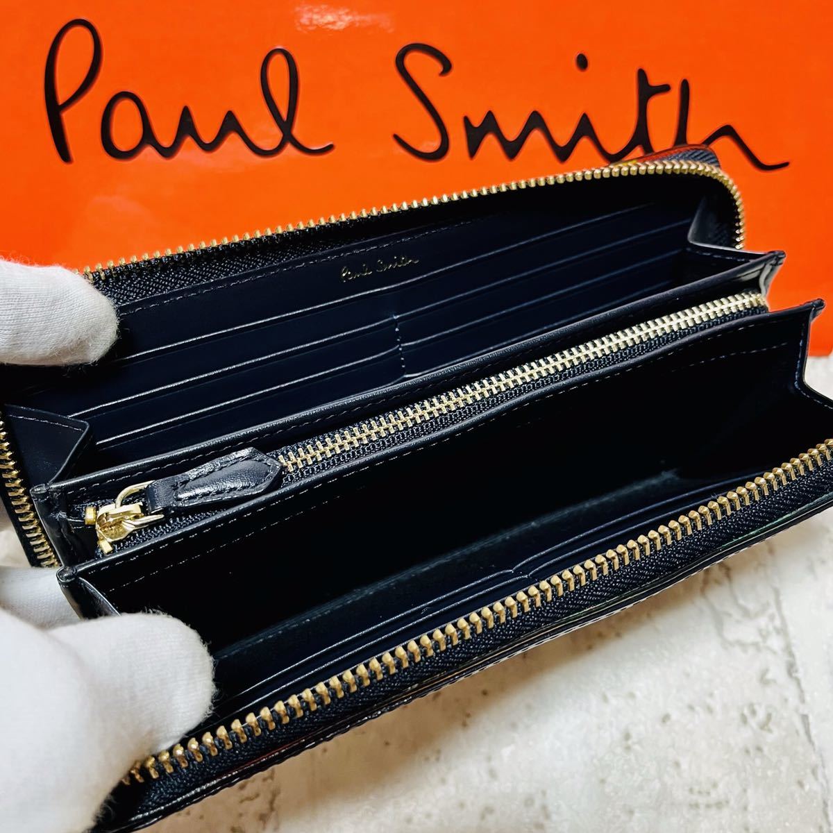 美品 ポールスミス PaulSmith アーティストストライプポップ 長財布 ロングウォレット ラウンドファスナー PSC517 ネイビー バッグ  6856