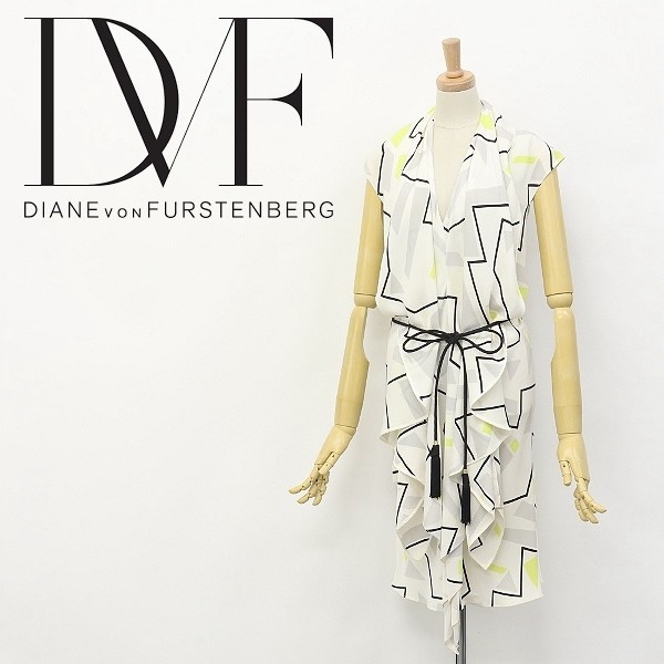 ◆DIANE von FURSTENBERG/ダイアンフォンファステンバーグ DAMIANA シルク100％ 総柄 タッセルベルト付 フレンチスリーブ ワンピース 0