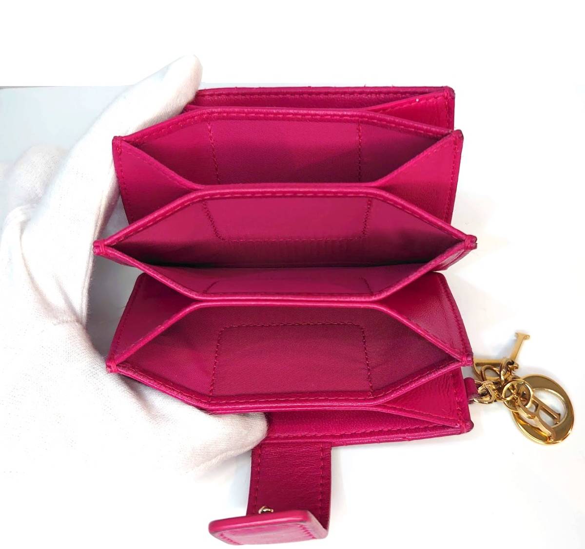 【良品】Christian Dior クリスチャン ディオール レディディオール カードケース ラムスキン ピンク 革 チャーム付き【送料無料】_画像6