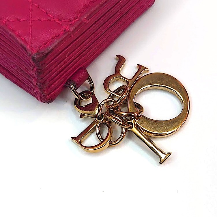 【良品】Christian Dior クリスチャン ディオール レディディオール カードケース ラムスキン ピンク 革 チャーム付き【送料無料】_画像9