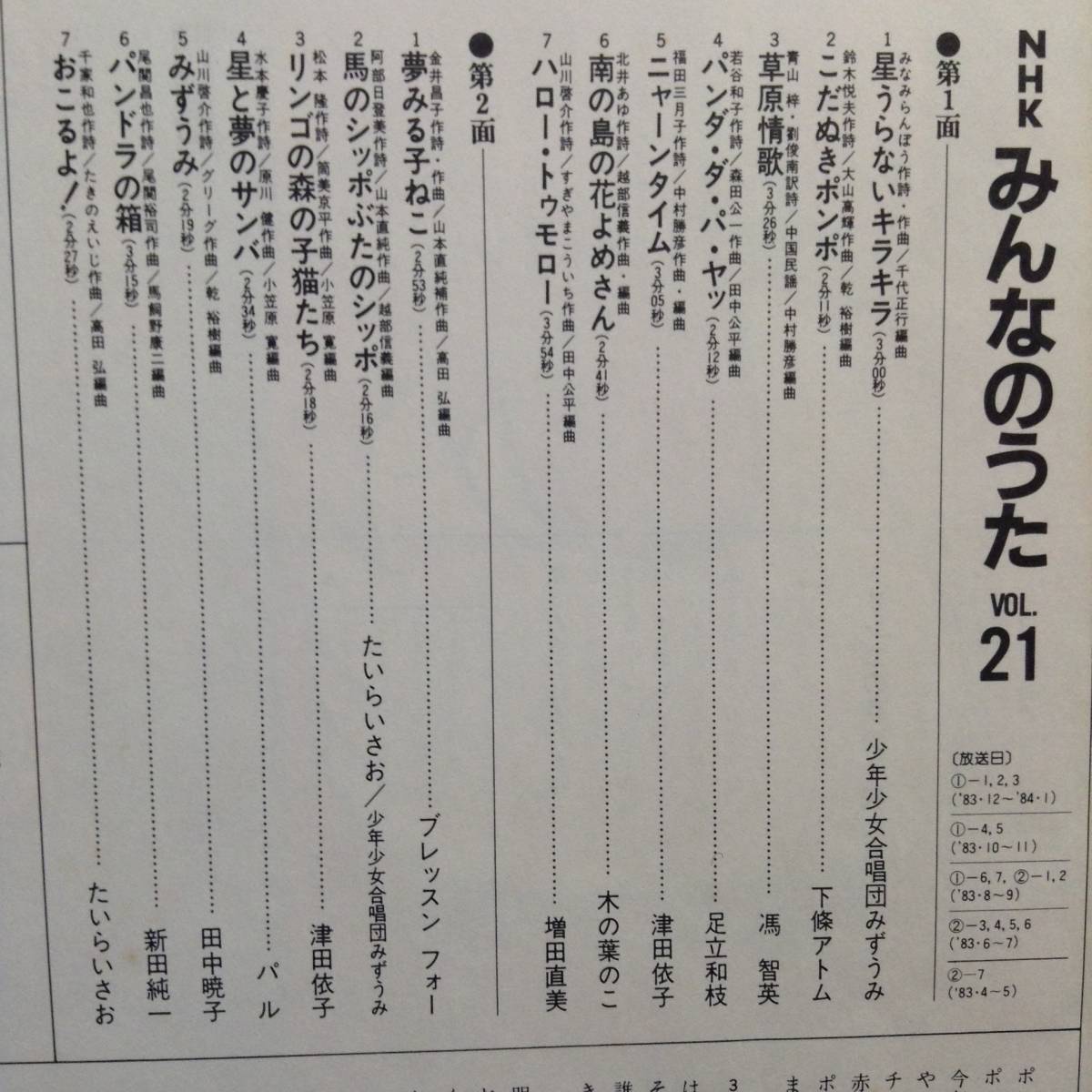  ＮＨＫみんなのうた　No.21　(LPレコード)　１９８３年の曲集、「パンダ・ダ・パ・ヤッ」「南の島の花よめさん」など_画像4