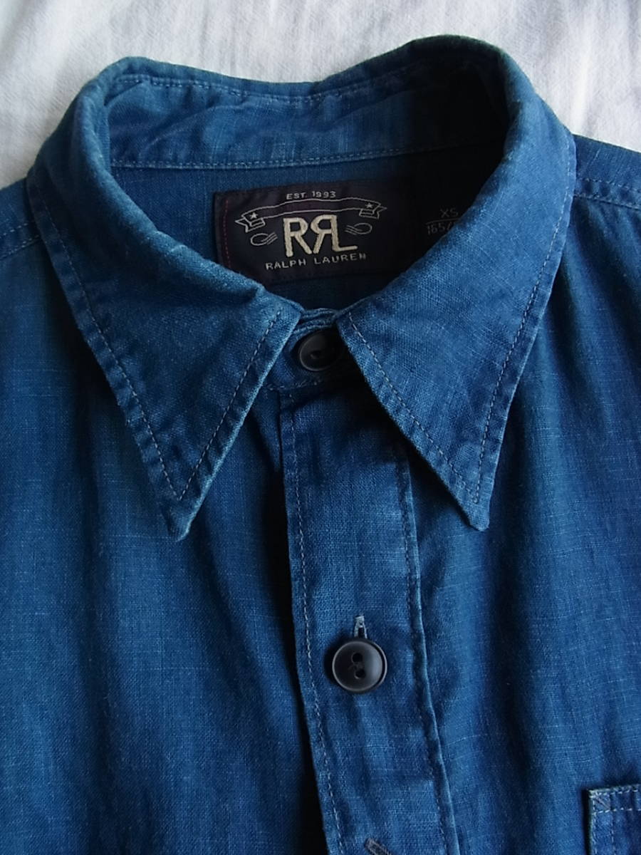 RRL ダブル アール エル ラルフローレン　インディゴ染め　リネン100% ワークシャツ　サイズ XS 色褪せ有り_画像2