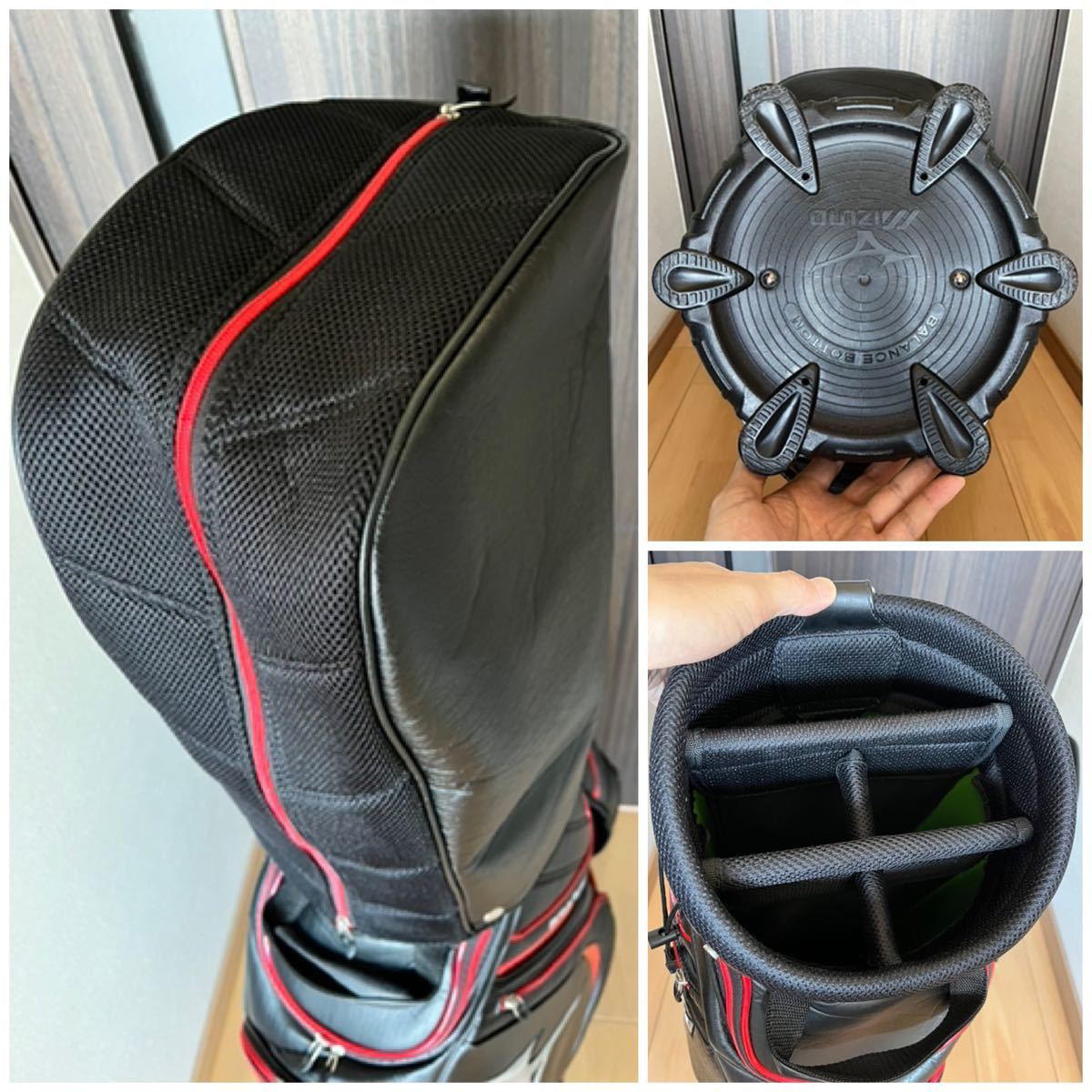 超美品 ミズノ MIZUNO キャディバッグ レザー調 黒×赤 軽量 超美品 ミズノ MIZUNO キャディバッグ レザー調 黒×赤 軽量