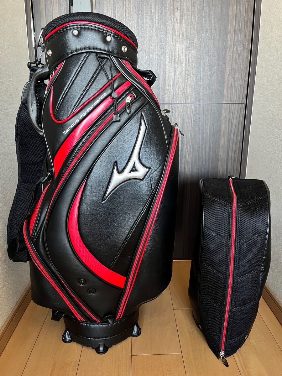 超美品 ミズノ MIZUNO キャディバッグ レザー調 黒×赤 軽量 超美品 ミズノ MIZUNO キャディバッグ レザー調 黒×赤 軽量