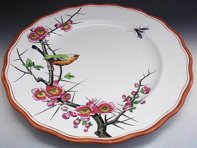 英国 陶磁器 登録印 古窯 梅と虫を見つめる小鳥絵 大皿 ◆ 英国アンティーク_画像3