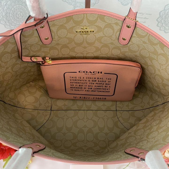 COACH コーチ シグネチャー ベージュ ピンクリバーシブル トートバッグ