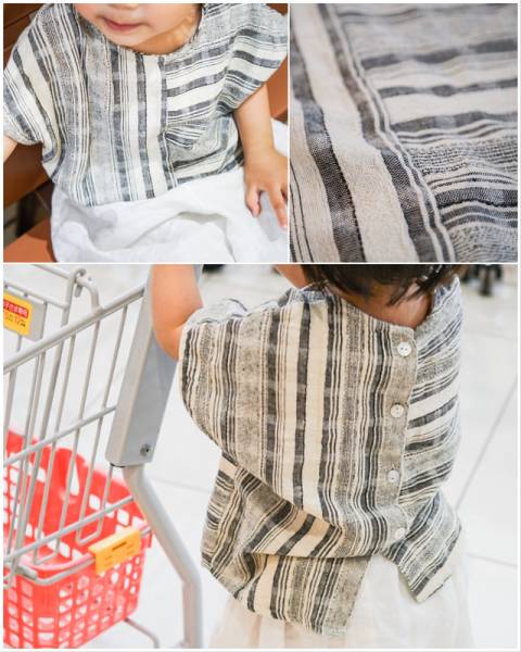 藍鉄/グレー　ストライプ★　キッズ服/子ども服　【綿麻】半袖ブラウス/半袖シャツ★前后リバーシブル●男女兼用● 130cm