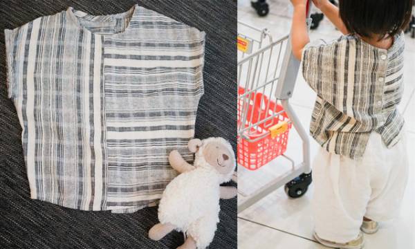 藍鉄/グレー　ストライプ★　キッズ服/子ども服　【綿麻】半袖ブラウス/半袖シャツ★前后リバーシブル●男女兼用● 130cm