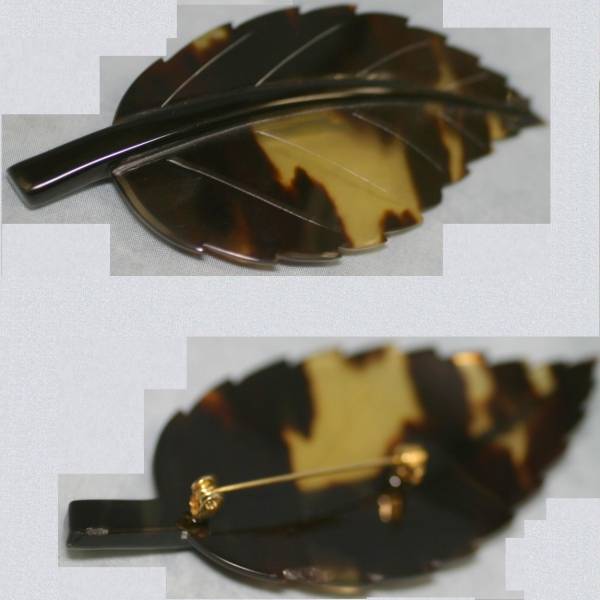女性用鼈甲素材葉の形8,1x4,3cm夏涼しく冬暖かいブローチ本物綺麗　○B7-115