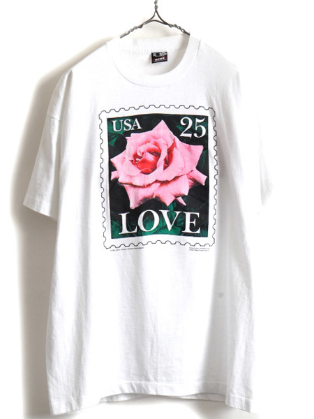 90s USA製 大きいサイズ XL ★ バラ 薔薇 花 切手 プリント Tシャツ ( メンズ ) 古着 90年代 フラワー アート シングルステッチ フルーツ_画像1