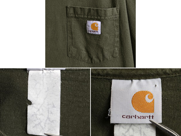 ■ カーハート ポケット付き 半袖 Tシャツ ( メンズ XL 程) ヘビーウェイト ヘビーオンス ポケT ロゴT CARHARTT ワンポイント グリーン_画像3