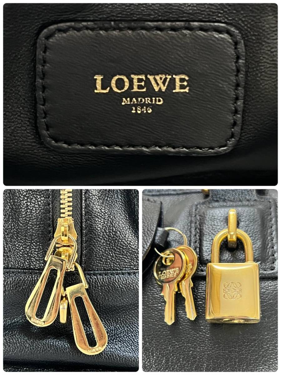 美品☆希少な特殊ブラック☆ LOEWE ロエベ AMAZONA アマソナ28 ハンドバッグ シボ革 ナッパ 黒 ブラック ゴールド 金 レディース メンズ_画像10