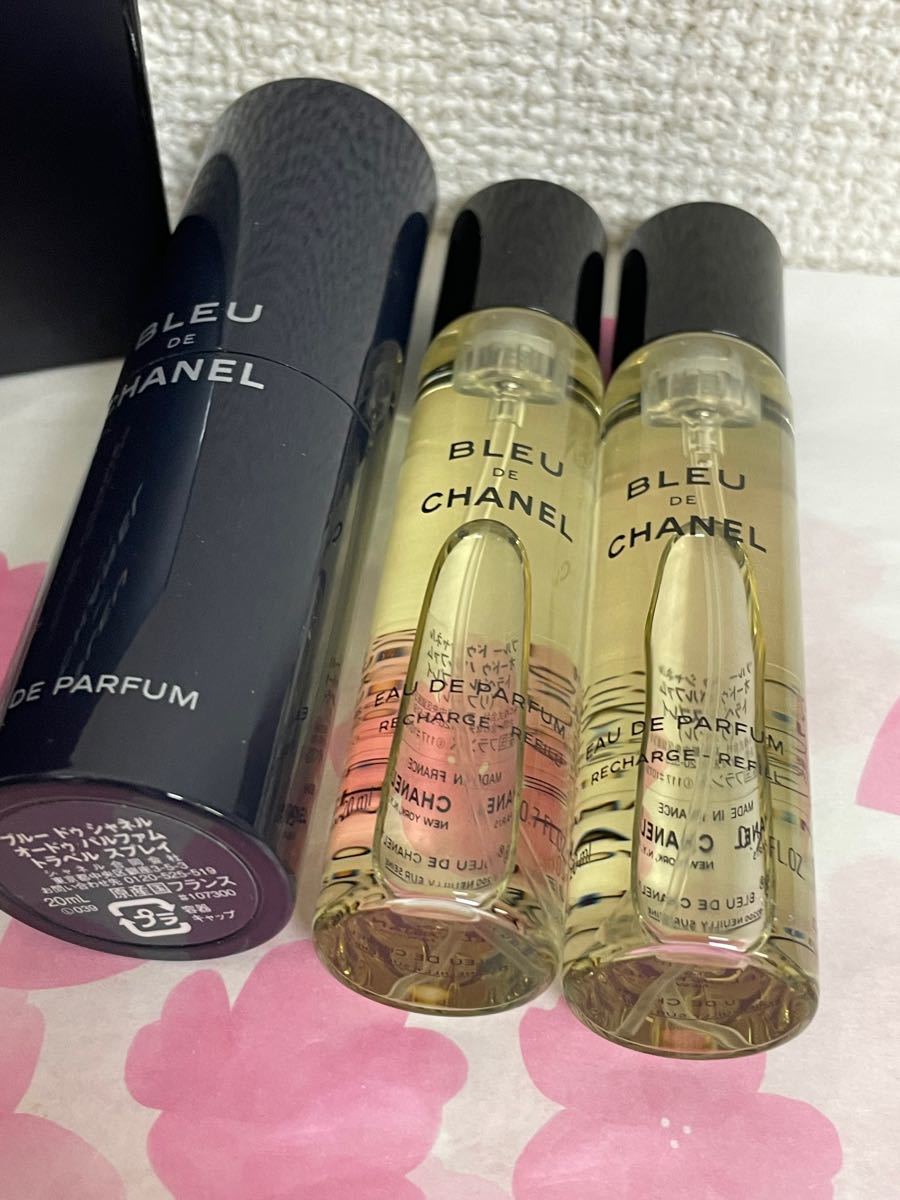 最高品質の BLEU DE CHANEL <br>PARFUM TRAVEL SPRAY<br>REFILL 20ml×3<br>ブルー ドゥ シャネル <br>パルファム トラベル スプレー リフィル<br>CHANEL ショップバッグ付