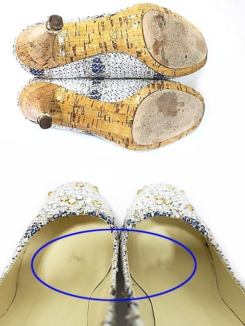 【中古】CHANEL シャネル 靴 パンプス レディ―ス ツイード ホワイトグレー系 ブルー ラインストーン サイズ37.5_画像3
