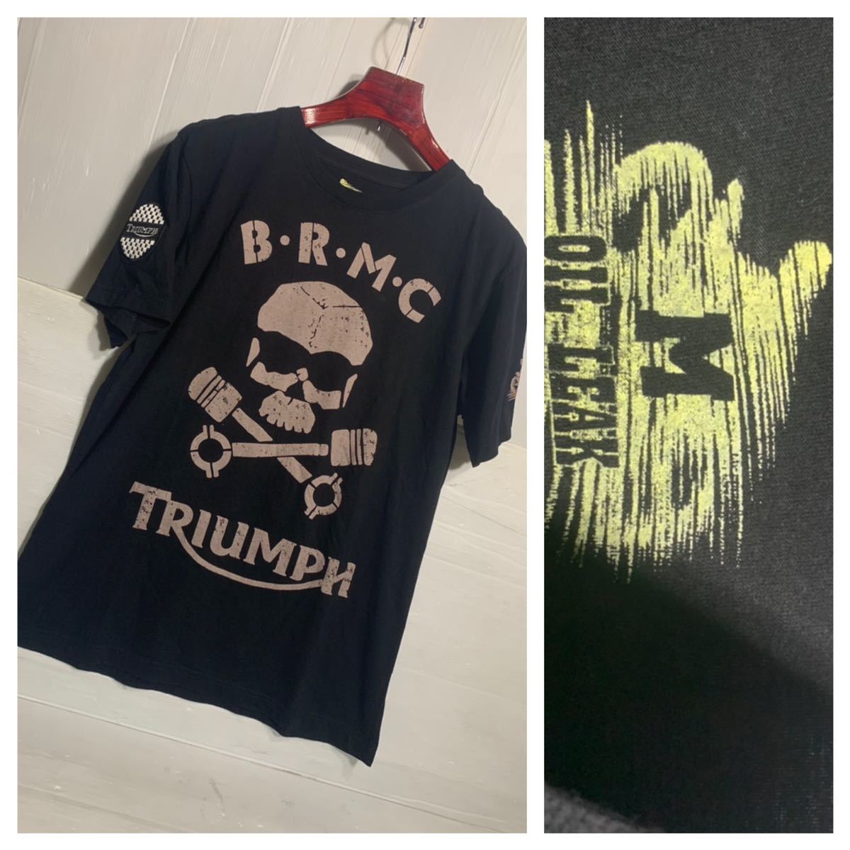 OIL LEAK オイルリーク　× TRIUMPH トライアンフ B.R.M.C. ピストンスカル　ガイコツ　ドクロ　デカロゴ 大　Tシャツ　黒　M ブラック