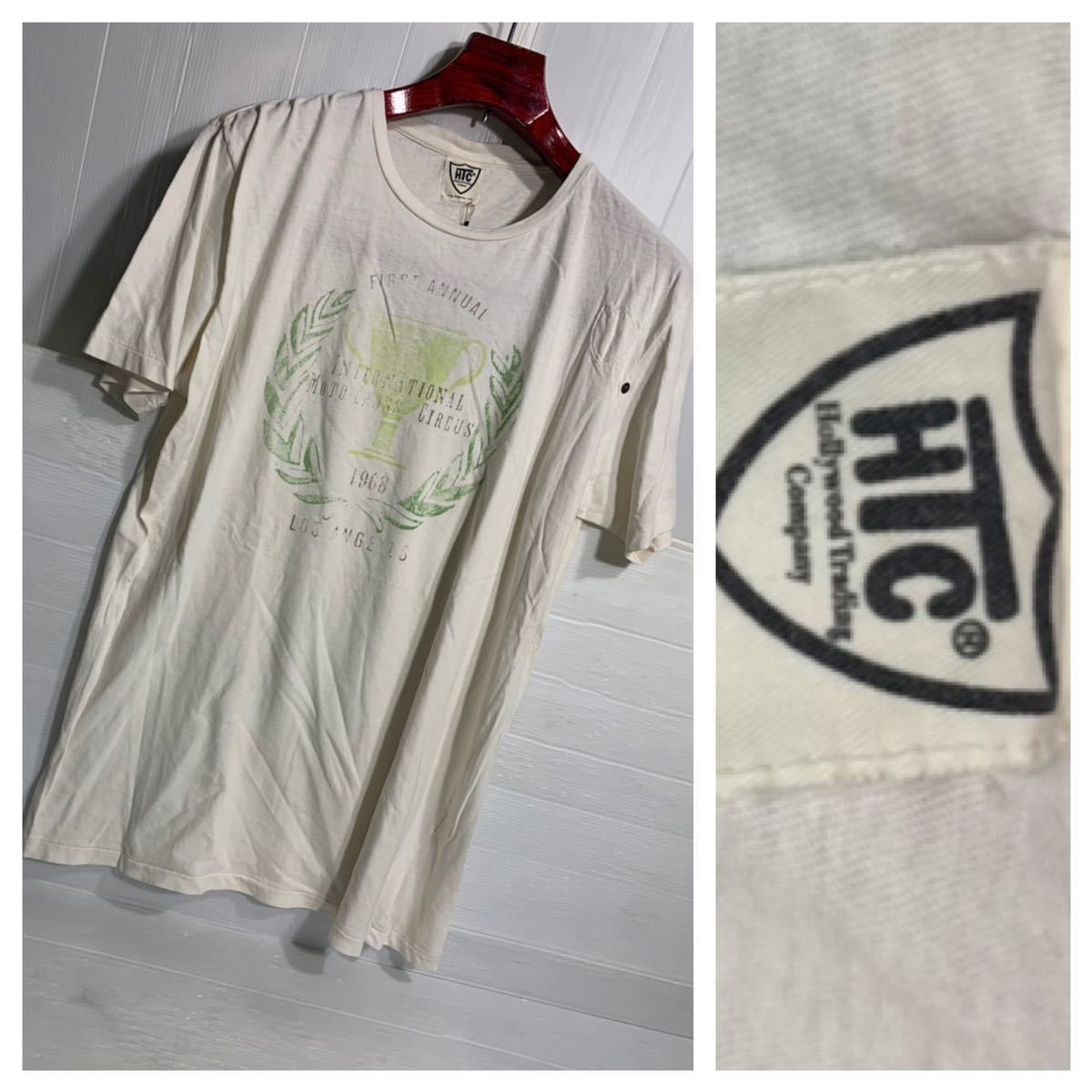  unused tag attaching HTC H tea si- Hollywood Trading Company made in Italy month katsura tree .& Trophy &1968 short sleeves WINNER T-shirt white L