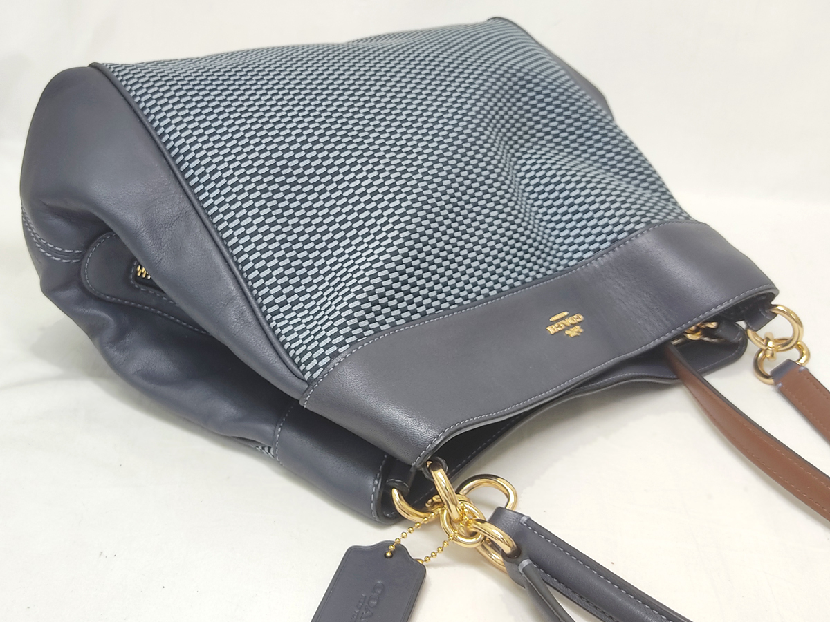 ♪売り切り 大特価 COACH コーチ ハンドバッグ F27575 レザー キャンバス ネイビー ブルー ショルダーバッグ 中古♪