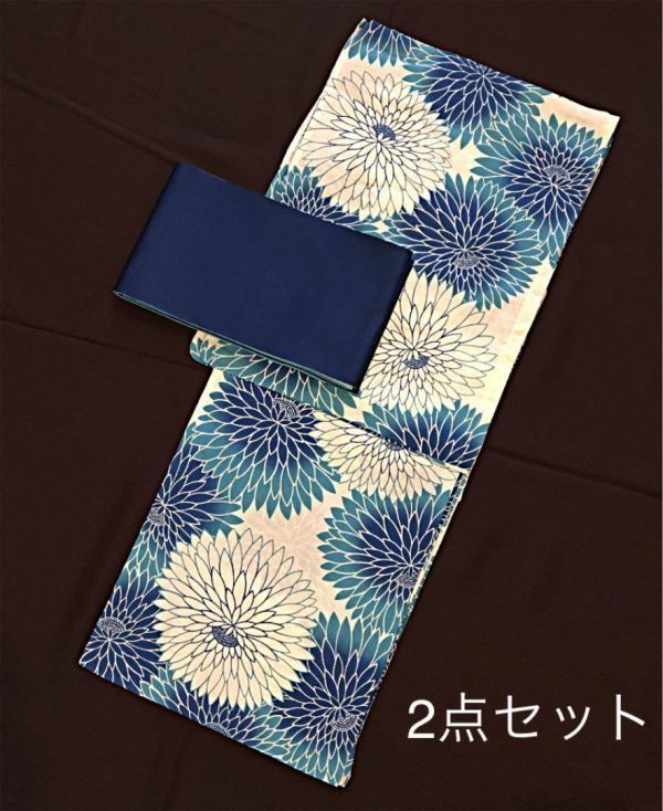 【雑誌掲載の人気柄むじな菊】上品狢菊の丸菊づくし涼し流水色浴衣+青帯★ 新品 呉服店購入 大正ロマン