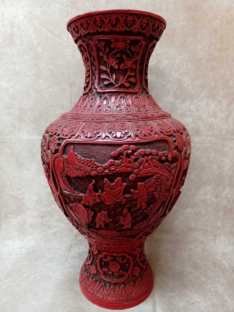 花瓶 大型 大きい 高さ約47cm 中国古美術? 七宝堆朱唐人山水楼閣文