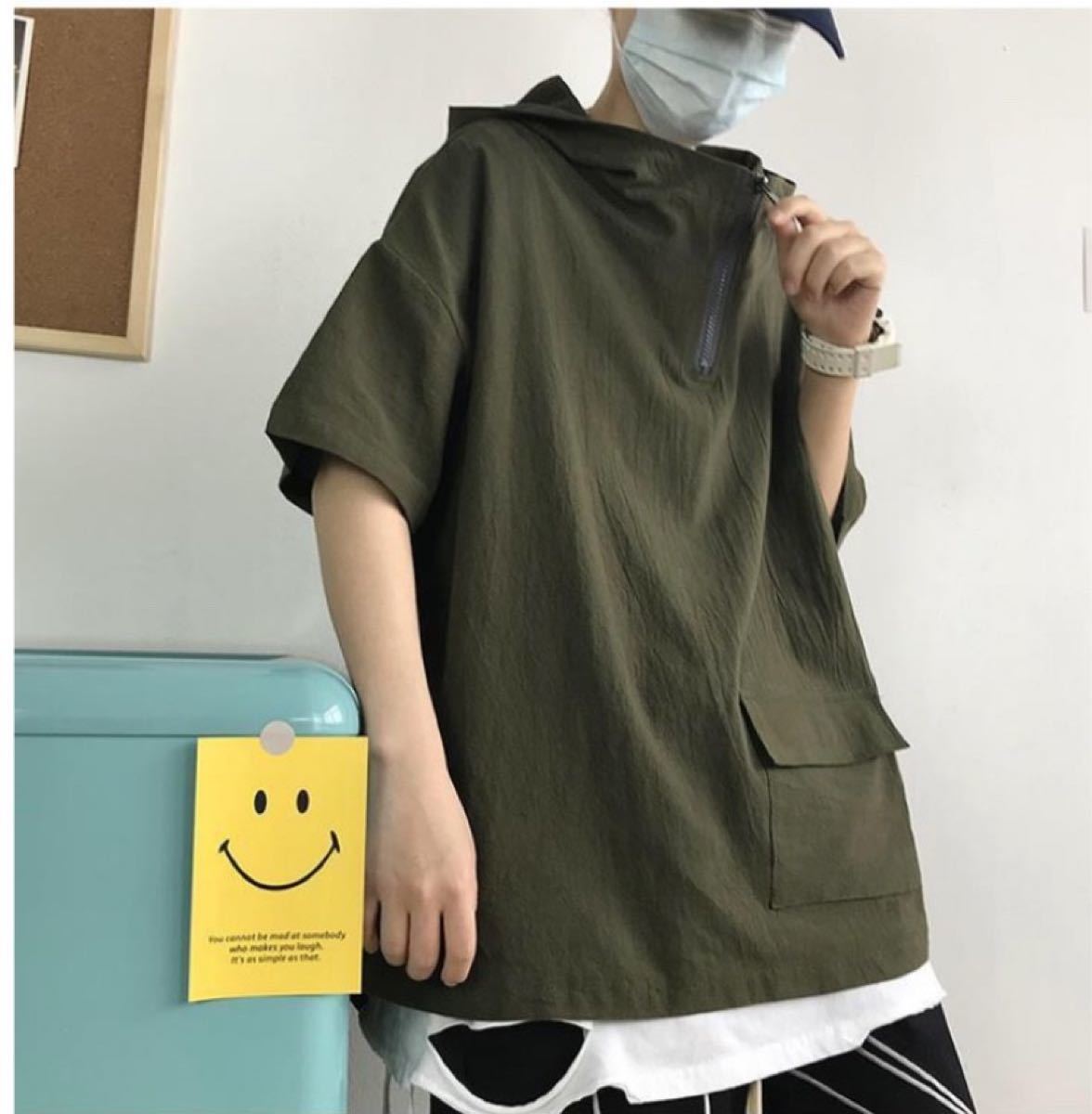 メンズ トップス カジュアル オーバーサイズ カーキ 半袖 夏服 パーカー プルオーバーシャツ フード付き 夏