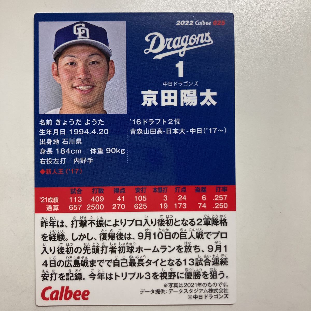 ☆2022 カルビー プロ野球チップス第1弾 京田陽太　中日ドラゴンズ　025☆送料63円_画像2