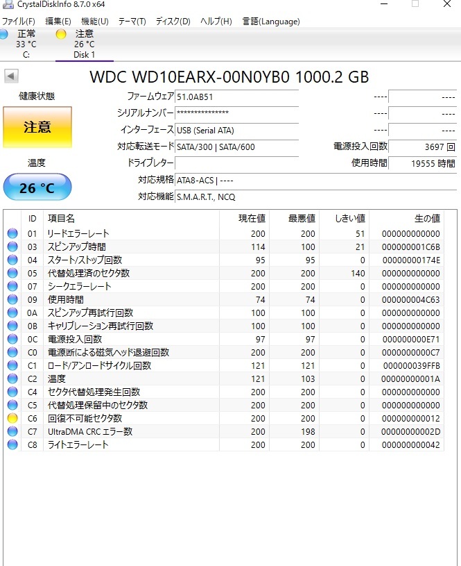 【注意判定】WD 3.5インチ HDD 1TB 使用時間 19555 時間 パソコン パーツ PC SATA 自作等に ハードディスク_画像2