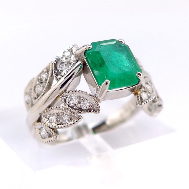 Pt900 platinum ring ring emerald 1.660ct diamond 0.290ct 11 number so-ting attaching leaf leaf [ used * new goods finish ]/32000/10017056