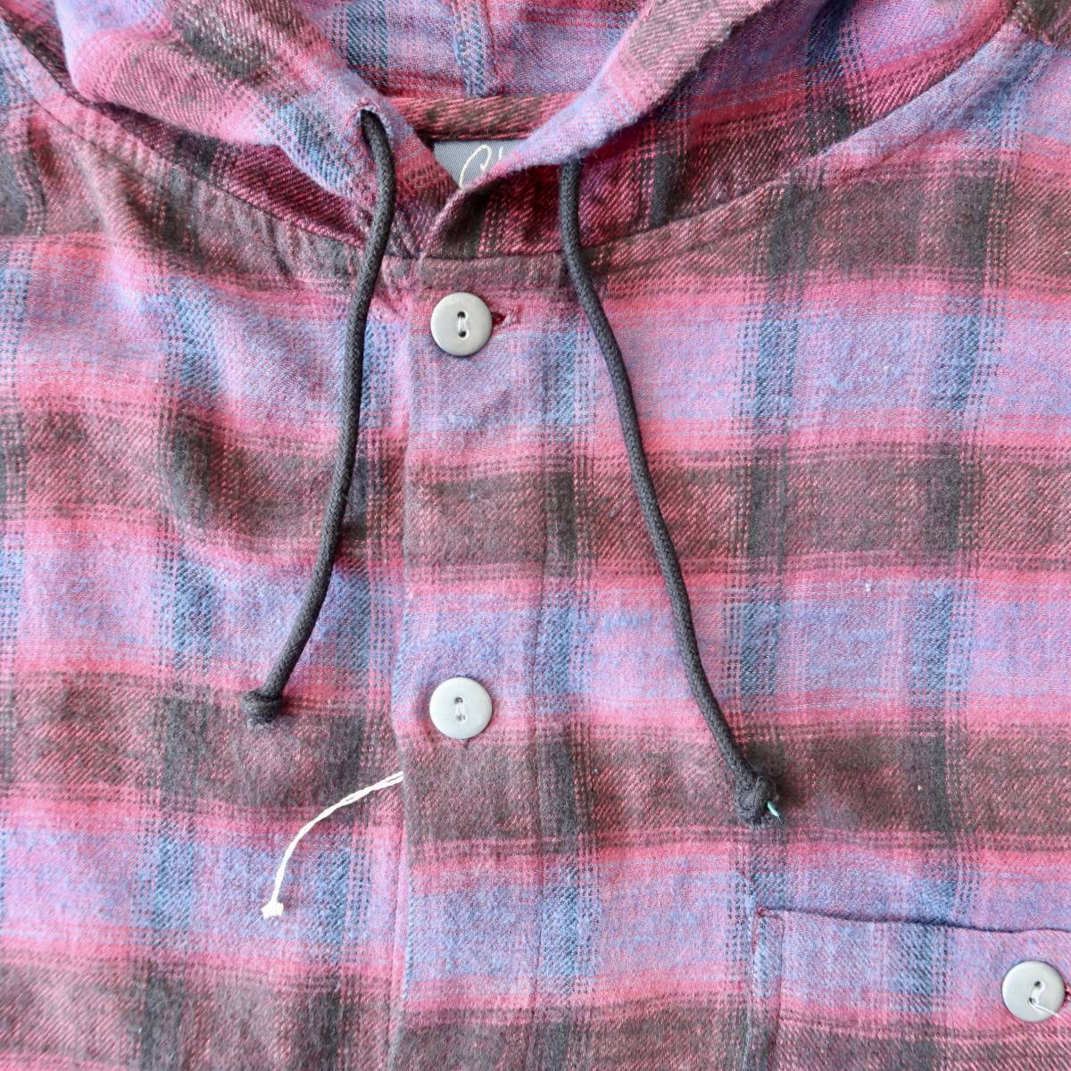 DEADSTOCK 90's Shah Safari ライトフランネルコットンフード付きシャツ ピンク系シャドーチェック M 実寸L - XL程度/ビンテージオンブレ_画像6