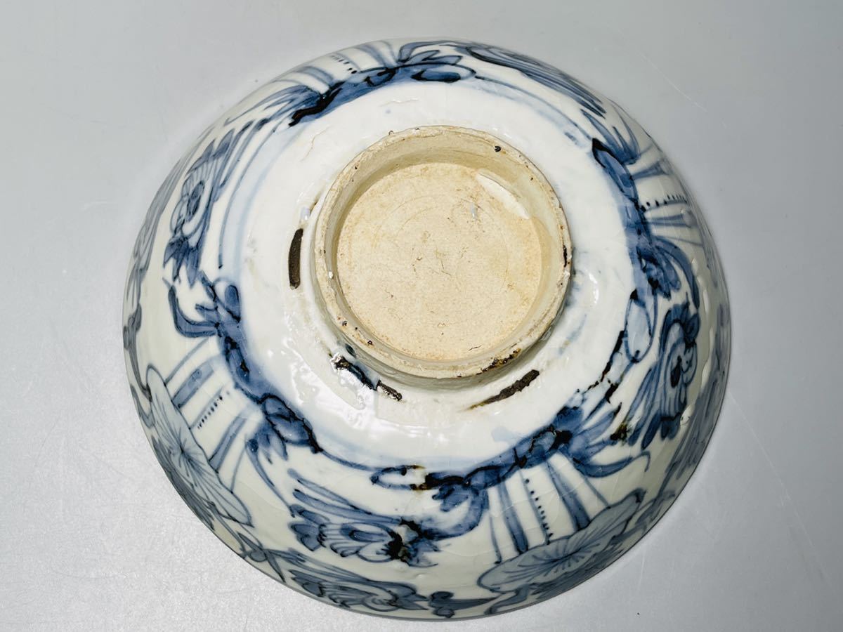 明代染付青花 碗 鉢 サイズ約19.6×h8.4cm 花鳥図 中国時代古陶磁 南京